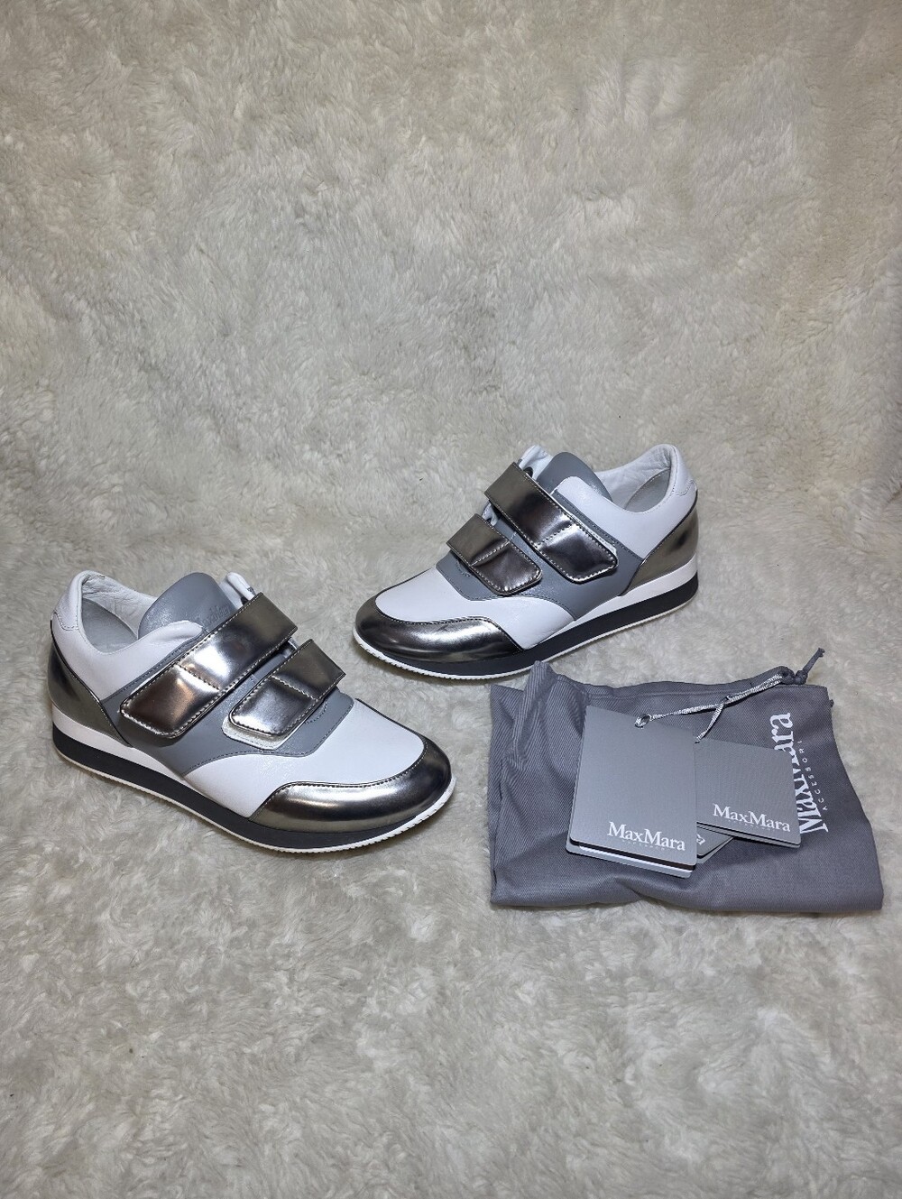 MaxMara Metallic Leather Double Strap Velcro Low Top Sneakers White Grey EU 37.5
